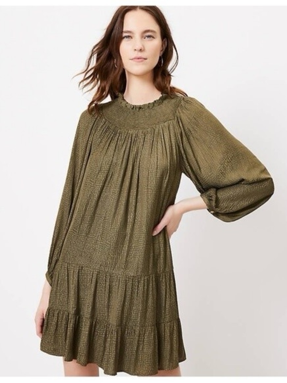 LOFT Olive Green Long Sleeve Smocked Yoke Tiered Dress